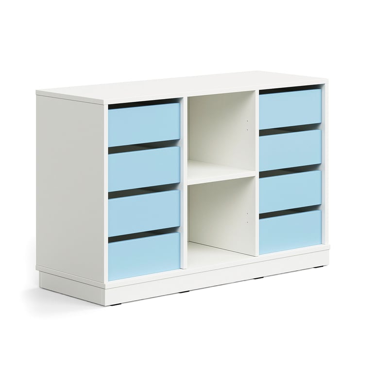 Úložná skrinka CASPER, 8 zásuviek, 2 priehradky, so soklom, biela/sky blue