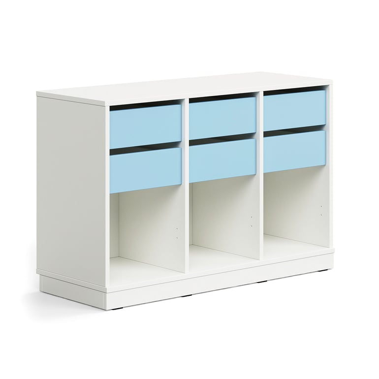Úložná skrinka CASPER, 6 zásuviek, 3 priehradky, so soklom, biela/sky blue