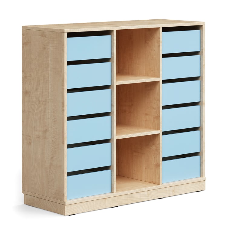 Úložná skrinka CASPER, 12 zásuviek, 3 priehradky, so soklom, breza/sky blue
