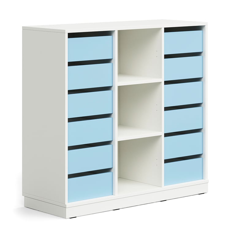 Úložná skrinka CASPER, 12 zásuviek, 3 priehradky, so soklom, biela/sky blue