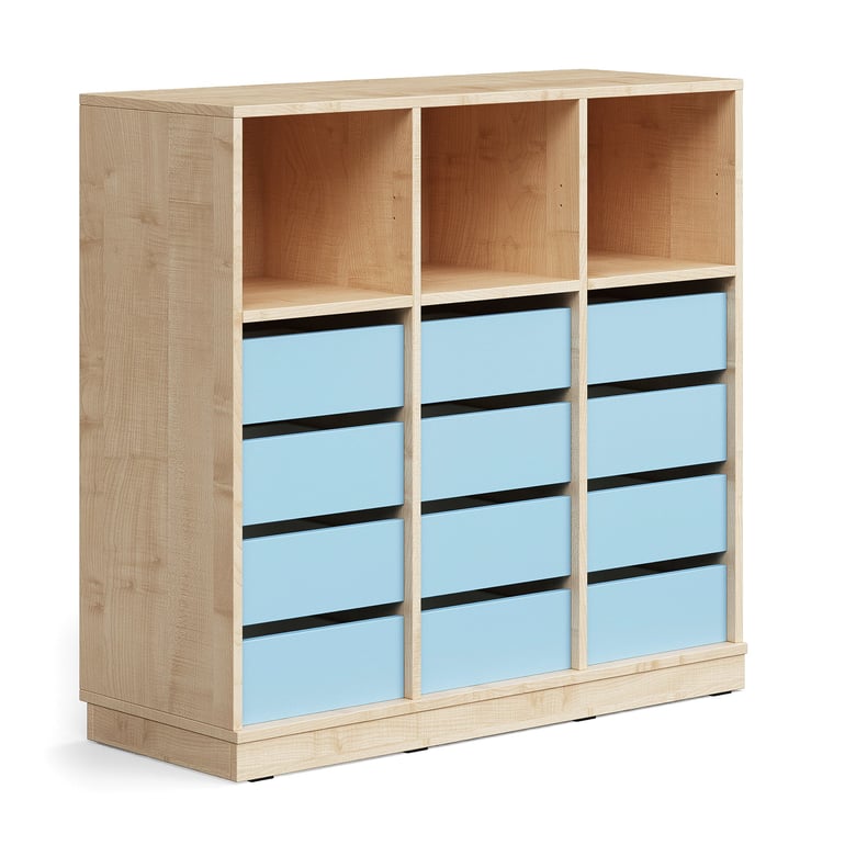Úložná skrinka CASPER, 12 zásuviek, 3 horné priehradky, so soklom, breza/sky blue