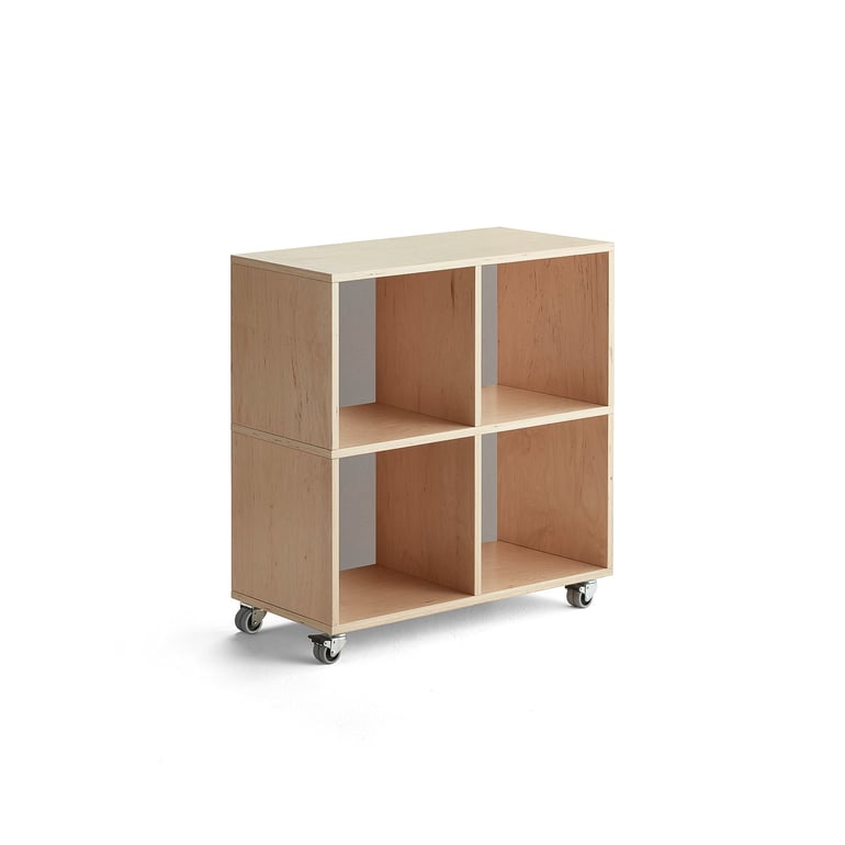 Drevená úložná skriňa RICO, s kolieskami, 4 priehradky, Š 800 mm, breza