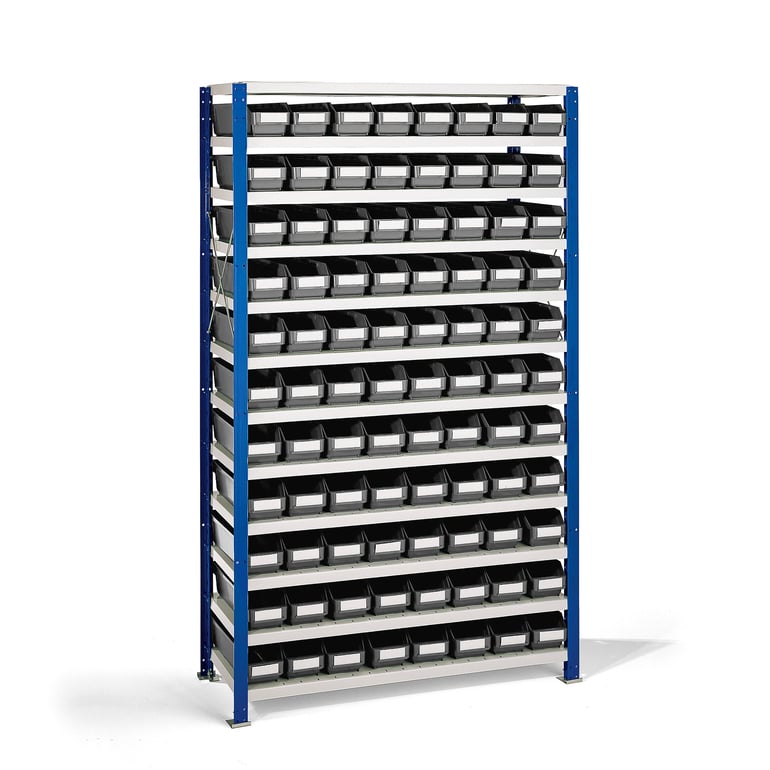 Regál MIX s 88 šedými plastovými boxami REACH, 1740x1000x400 mm