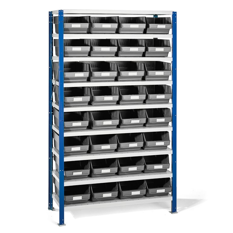 Levně Regál s plastovými boxy REACH + MIX, 1740x1000x400 mm, 32 šedých boxů