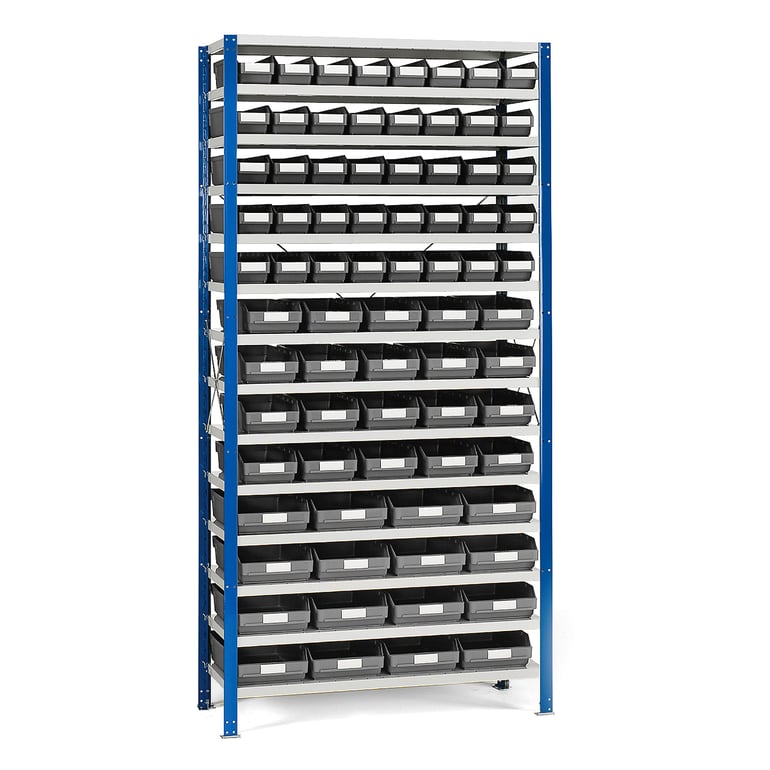 Levně Regál s plastovými boxy REACH + MIX, 2100x1000x300 mm, 76 šedých boxů