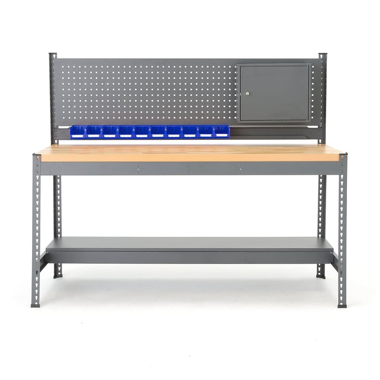 Levně Pracovní stůl COMBO, deska s dubovým povrchem, panel na nářadí, skříňka, plastové boxy
