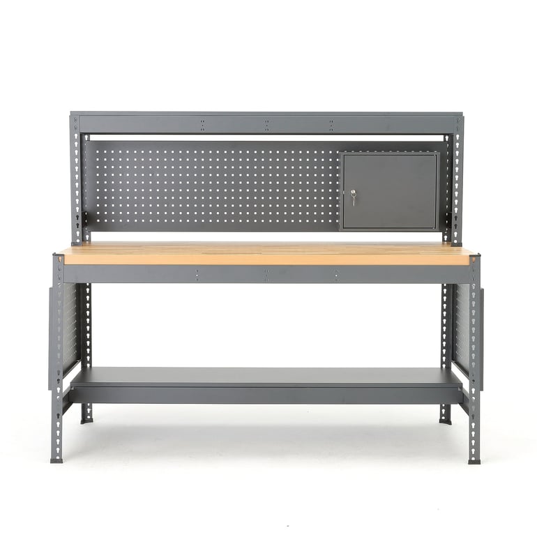 Levně Pracovní stůl COMBO, deska s dubovým povrchem, panel na nářadí, skříňka, osvětlení