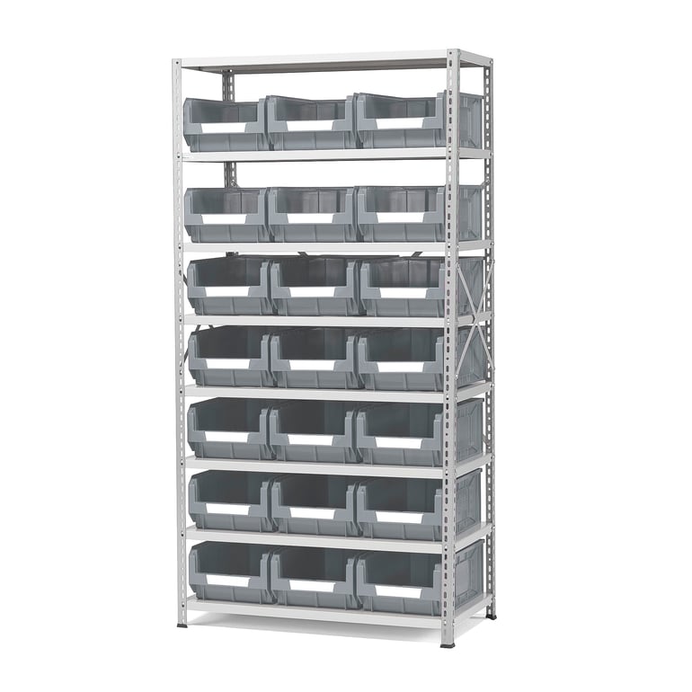 Regál POWER s 21 šedými plastovými boxami APART, 1970x1000x500 mm