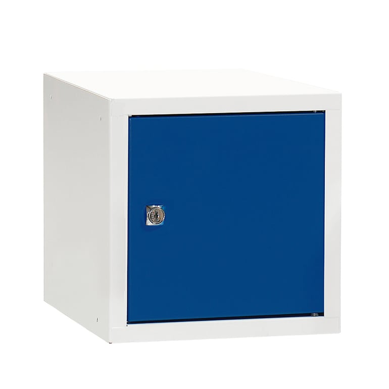 Levně Box na osobní věci CUBE, uzamykatelný, 270x270x350 mm, bílá/modré dveře