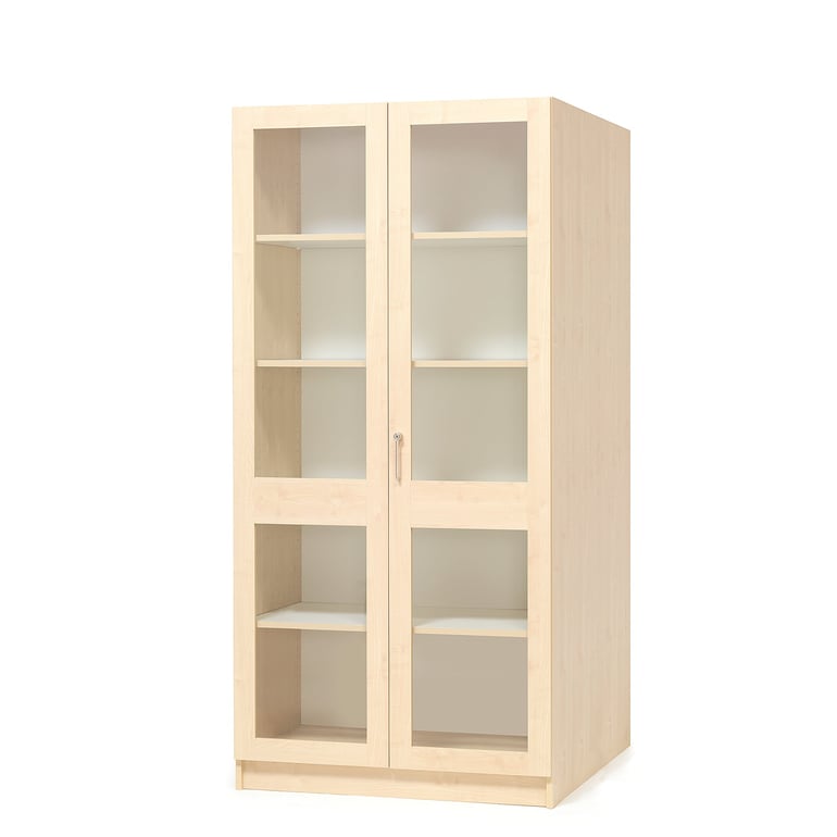 Drevená úložná skriňa THEO s veľkými presklenými dverami, 1000x470x2100 mm, breza