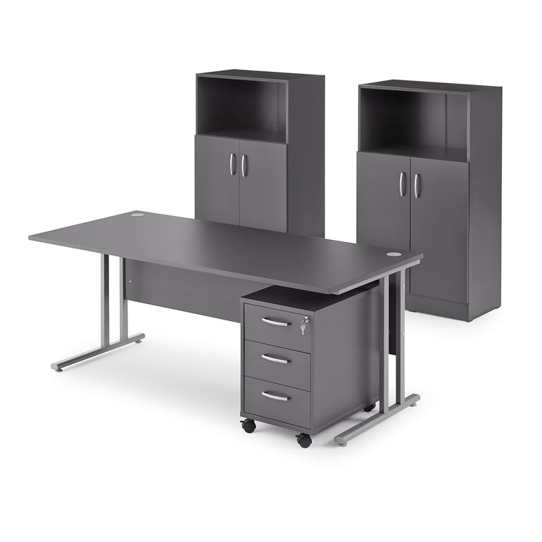 Levně Kancelářská sestava FLEXUS, stůl 1800x800 mm + 3zásuvkový kontejner + 2 skříně, šedá