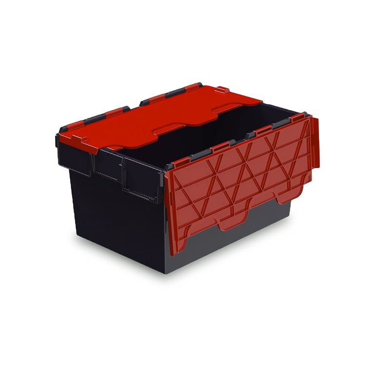 Attached lid container, 600x400x320 mm, 54 L, black, red | AJ Products UK