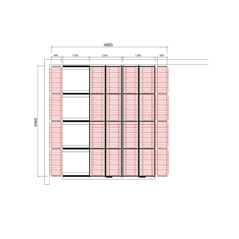Levně Posuvné regály na pneumatiky - sestava, cca 25 m², 360 pneu, 4880x4960 mm