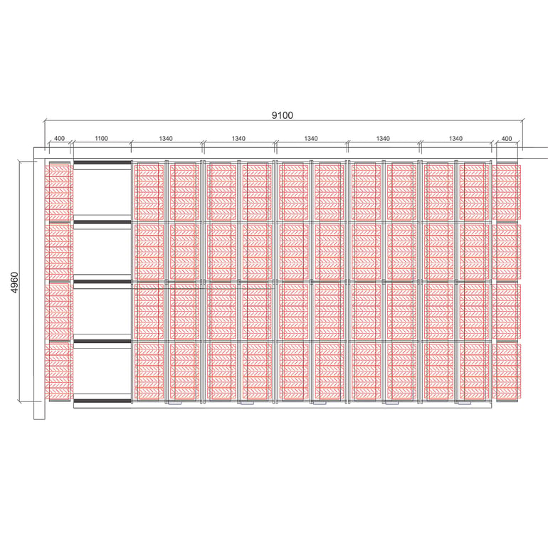 Levně Posuvné regály na pneumatiky - sestava, cca 45 m², 720 pneu, 9100x4960 mm