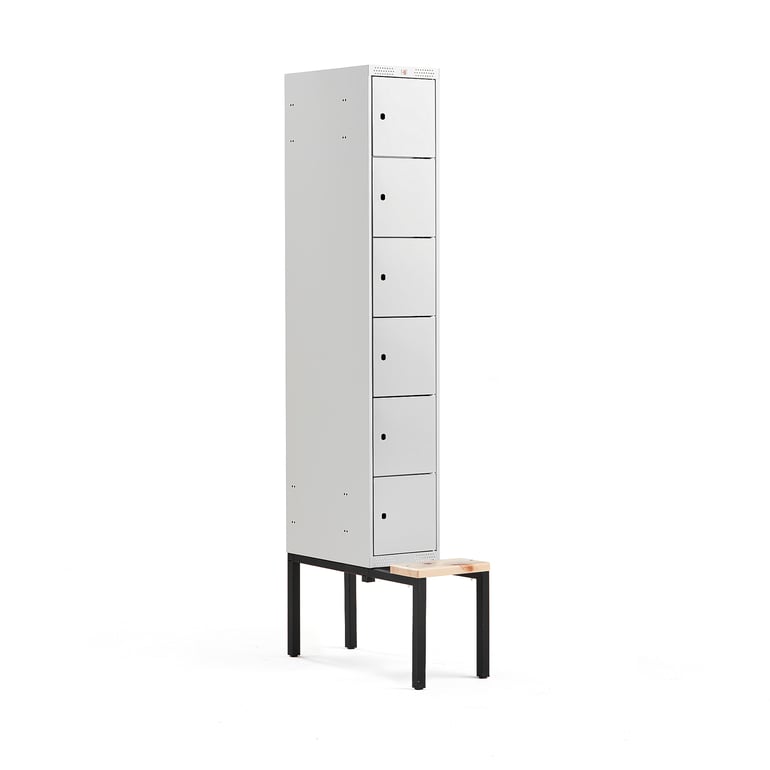 Šatňová skrinka CLASSIC, s lavičkou, 1 sekcia, 6 priehradiek, 2120x300x550 mm, šedá