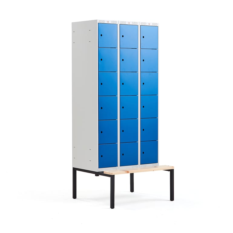 Levně Boxová šatní skříň CLASSIC, s lavicí, 3 sekce, 18 boxů, 2120x900x550 mm, modré dveře