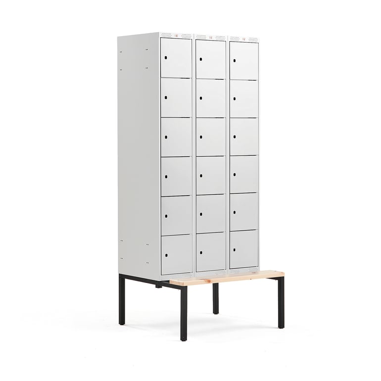 Levně Boxová šatní skříň CLASSIC, s lavicí, 3 sekce, 18 boxů, 2120x900x550 mm, šedé dveře