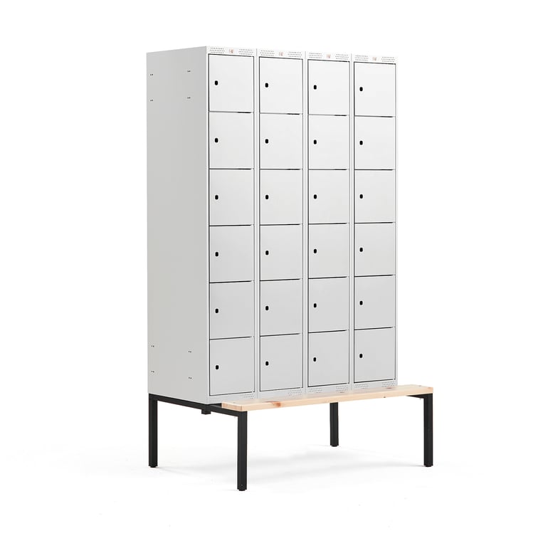 Levně Boxová šatní skříň CLASSIC, s lavicí, 4 sekce, 24 boxů, 2120x1200x550 mm, šedé dveře