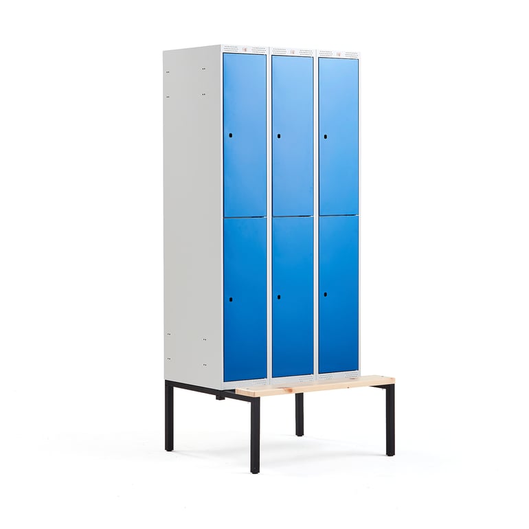Levně Boxová šatní skříň CLASSIC, s lavicí, 3 sekce, 6 boxů, 2120x900x550 mm, modré dveře