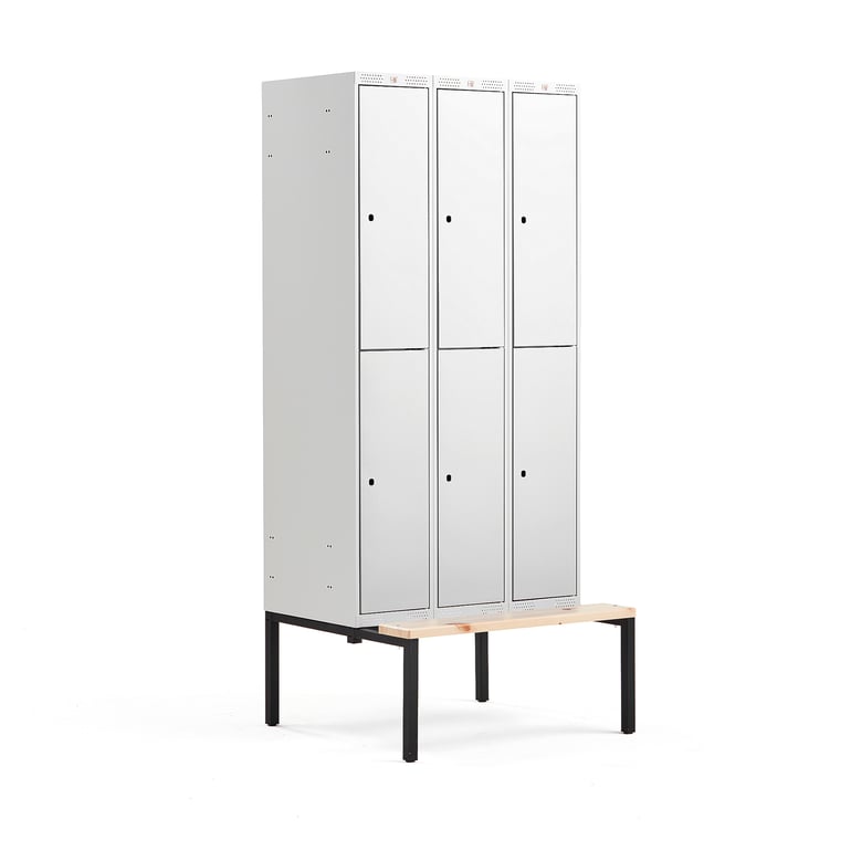Levně Boxová šatní skříň CLASSIC, s lavicí, 3 sekce, 6 boxů, 2120x900x550 mm, šedé dveře