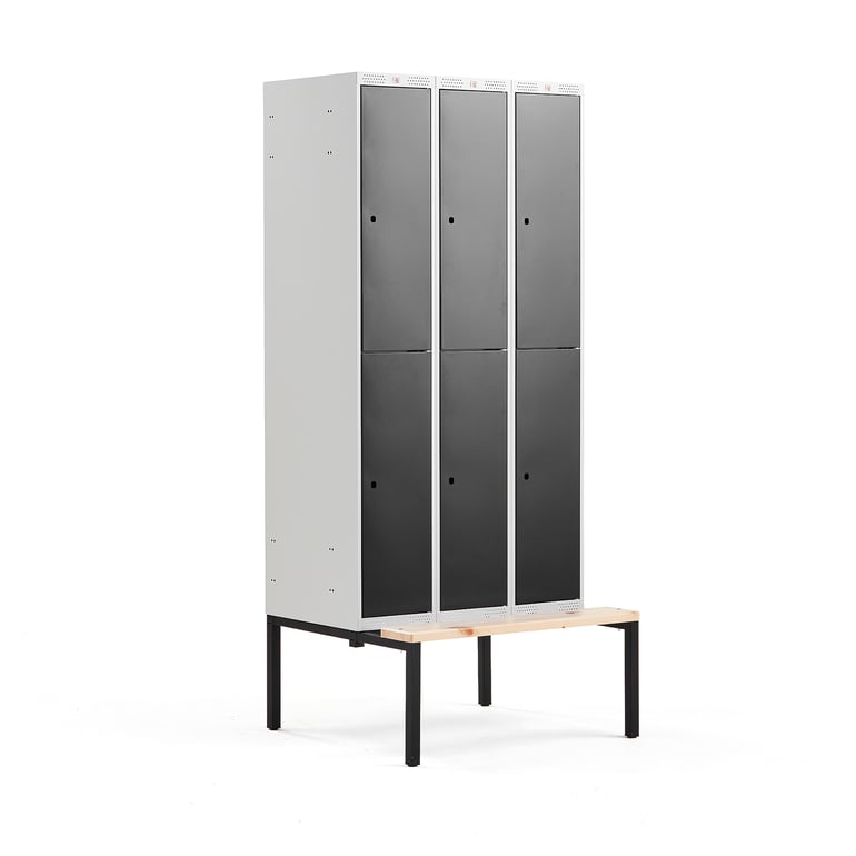 Levně Boxová šatní skříň CLASSIC, s lavicí, 3 sekce, 6 boxů, 2120x900x550 mm, černé dveře