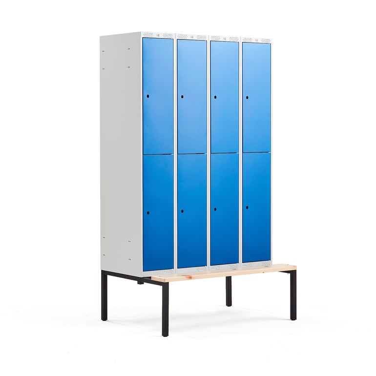 Levně Boxová šatní skříň CLASSIC, s lavicí, 4 sekce, 8 boxů, 2120x1200x550 mm, modré dveře