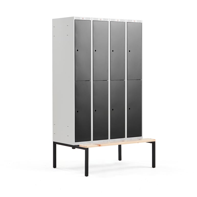 Levně Boxová šatní skříň CLASSIC, s lavicí, 4 sekce, 8 boxů, 2120x1200x550 mm, černé dveře