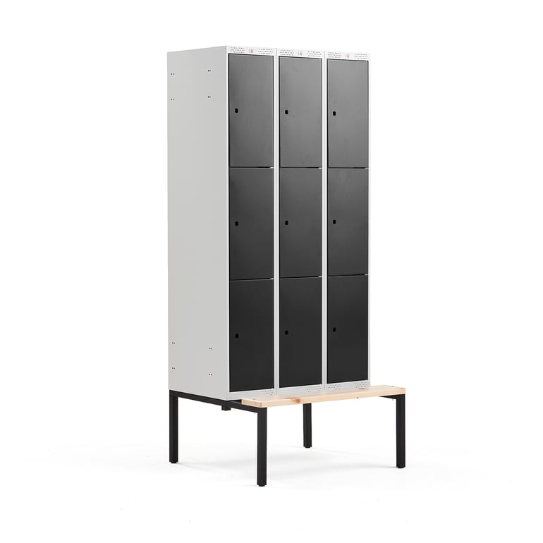 Levně Boxová šatní skříň CLASSIC, s lavicí, 3 sekce, 9 boxů, 2120x900x550 mm, černé dveře
