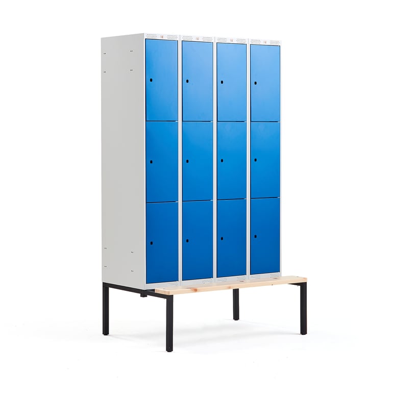 Levně Boxová šatní skříň CLASSIC, s lavicí, 4 sekce, 12 boxů, 2120x1200x550 mm, modré dveře