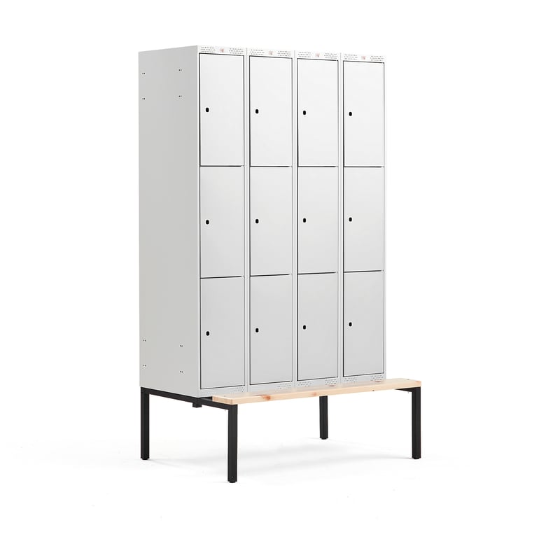 Levně Boxová šatní skříň CLASSIC, s lavicí, 4 sekce, 12 boxů, 2120x1200x550 mm, šedé dveře