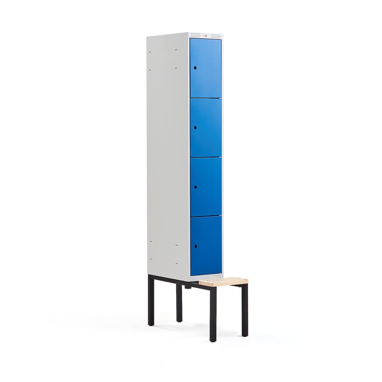 Levně Boxová šatní skříň CLASSIC, s lavicí, 1 sekce, 4 boxy, 2120x300x550 mm, modré dveře