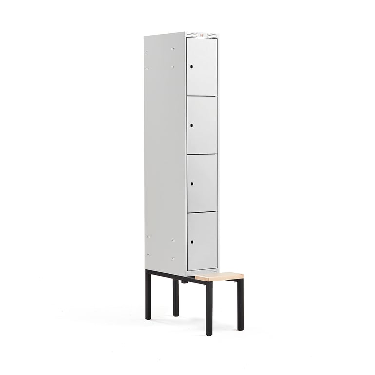 Šatňová skrinka CLASSIC, s lavičkou, 1 sekcia, 4 priehradky, 2120x300x550 mm, šedá