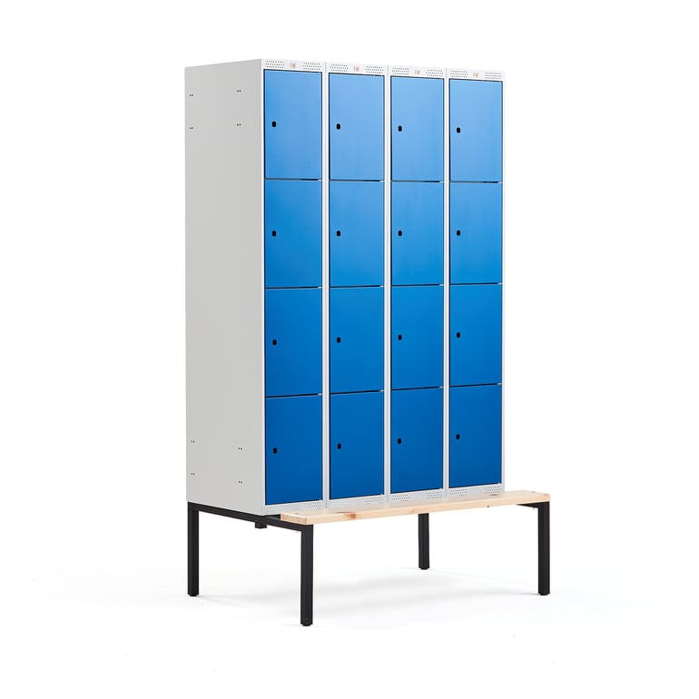 Levně Boxová šatní skříň CLASSIC, s lavicí, 4 sekce, 16 boxů, 2120x1200x550 mm, modré dveře