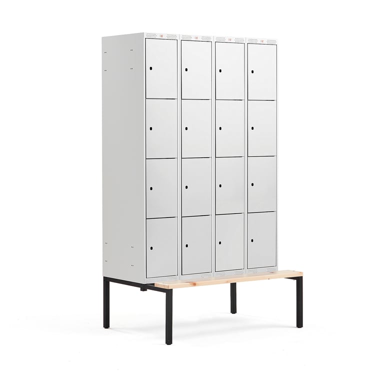 Levně Boxová šatní skříň CLASSIC, s lavicí, 4 sekce, 16 boxů, 2120x1200x550 mm, šedé dveře