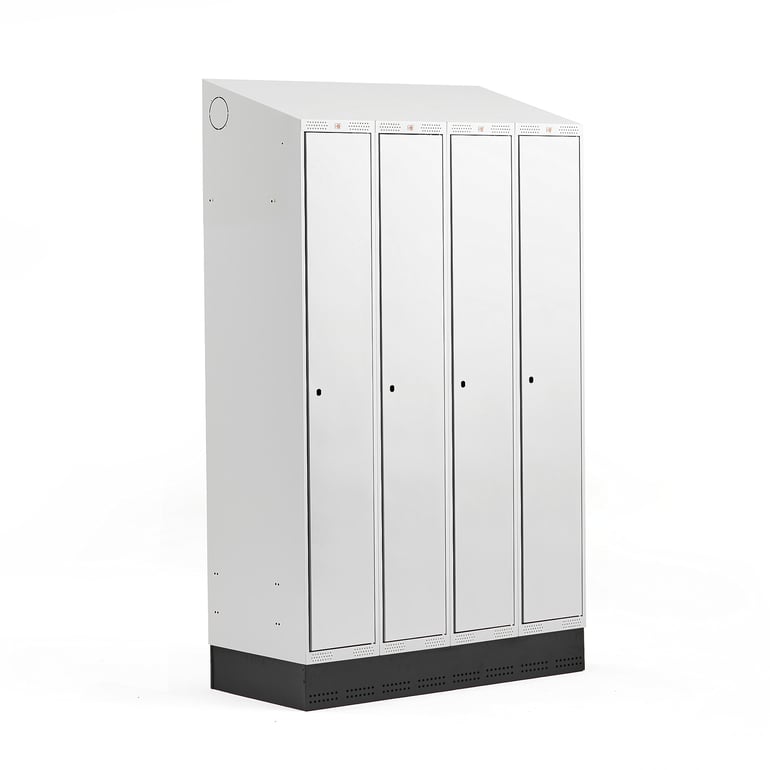 Levně Šatní skříňka CLASSIC, šikmá střecha, se soklem, 4 sekce, 2050x1200x550 mm, šedé dveře