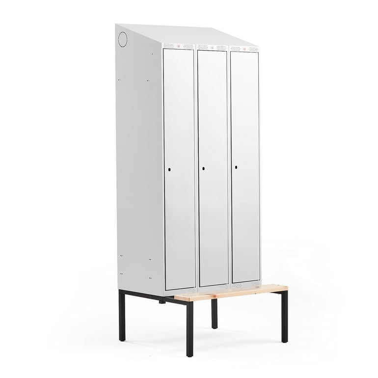 Šatňová skrinka CLASSIC, s lavičkou, 3 sekcie, 2290x900x550 mm, šedá