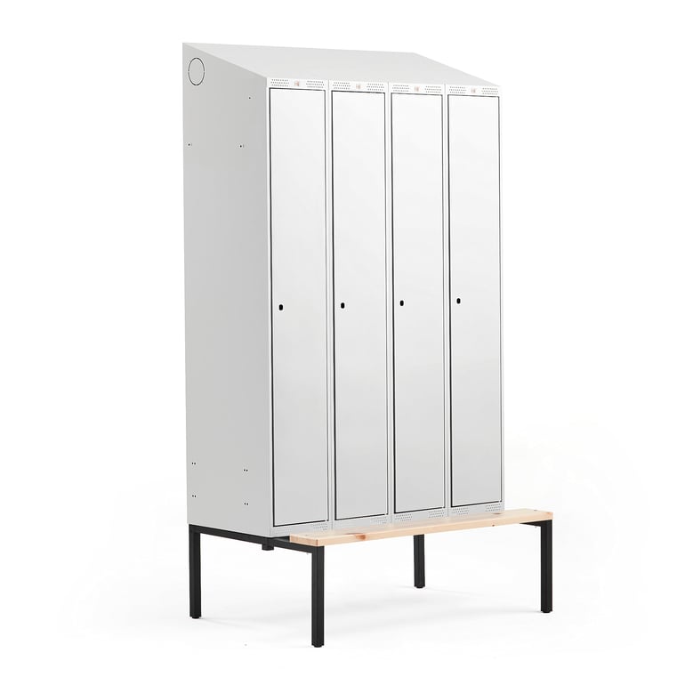 Šatňová skrinka CLASSIC, s lavičkou, 4 sekcie, 2290x1200x550 mm, šedá
