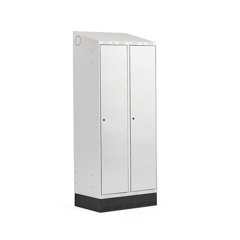 Levně Šatní skříňka CLASSIC, šikmá střecha, se soklem, 2 sekce, 2050x800x550 mm, šedé dveře