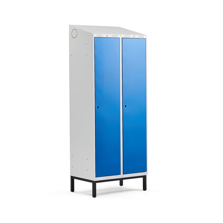 Levně Šatní skříňka CLASSIC, šikmá střecha, s nohami, 2 sekce, 2100x800x550 mm, modré dveře