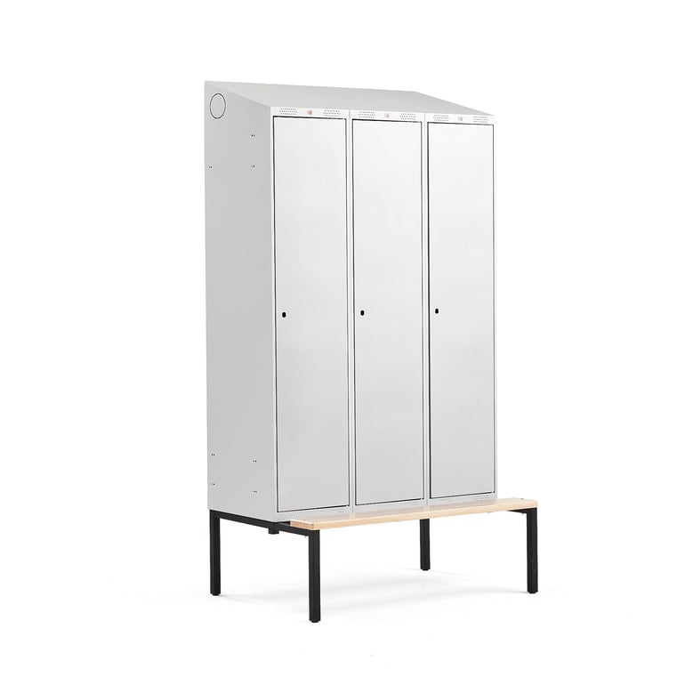 Šatňová skrinka CLASSIC, s lavičkou, 3 sekcie, 2290x1200x550 mm, šedá