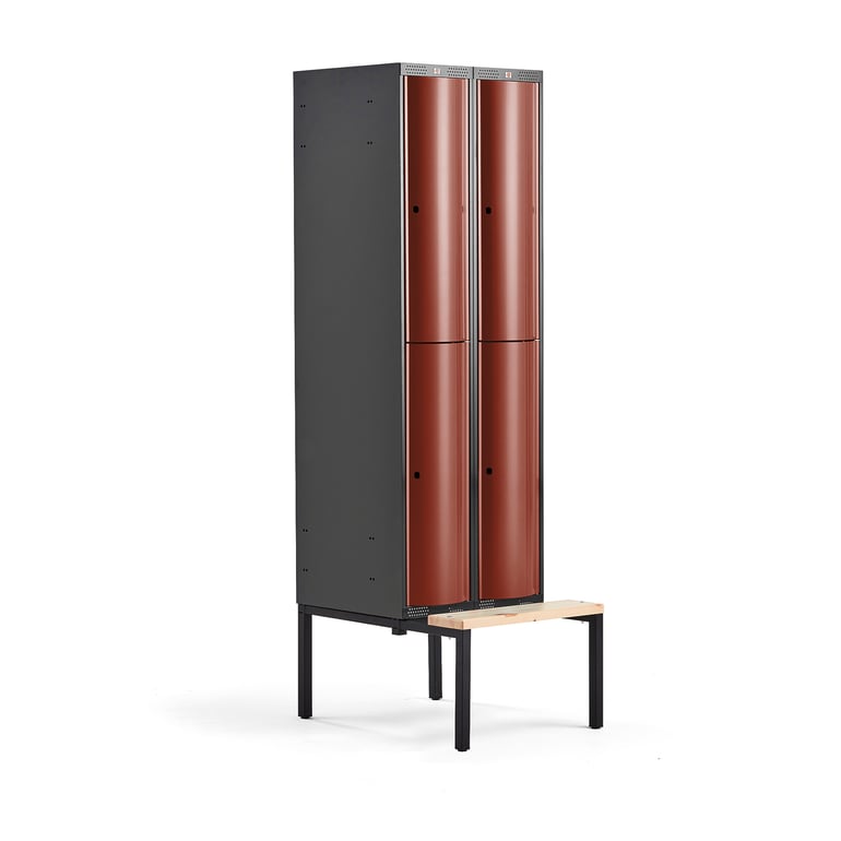 Levně Boxová šatní skříň CURVE, 2 sekce, 4 boxy, 2120x600x550 mm, lavice, červené dveře