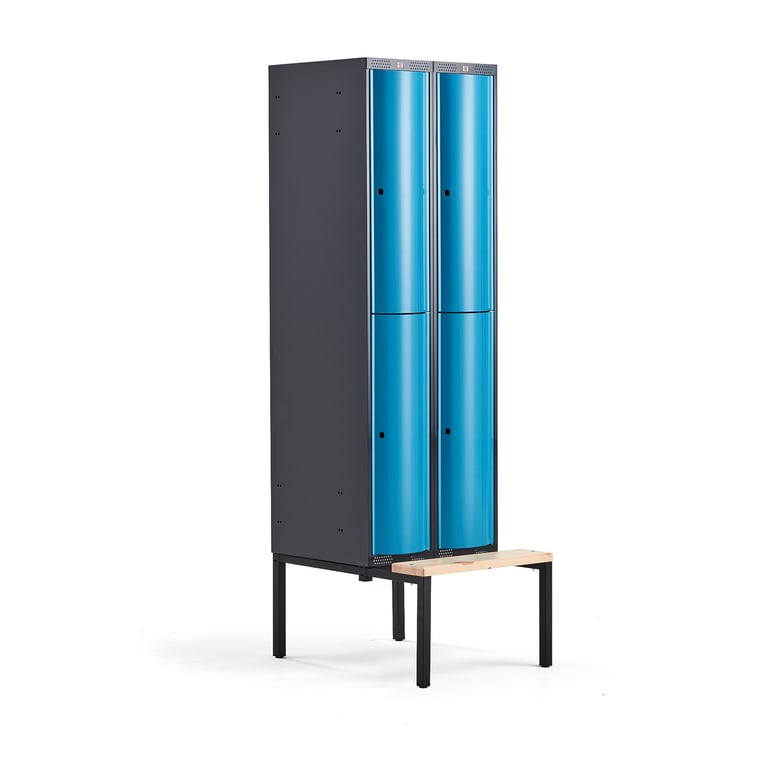 Levně Boxová šatní skříň CURVE, 2 sekce, 4 boxy, 2120x600x550 mm, lavice, modré dveře