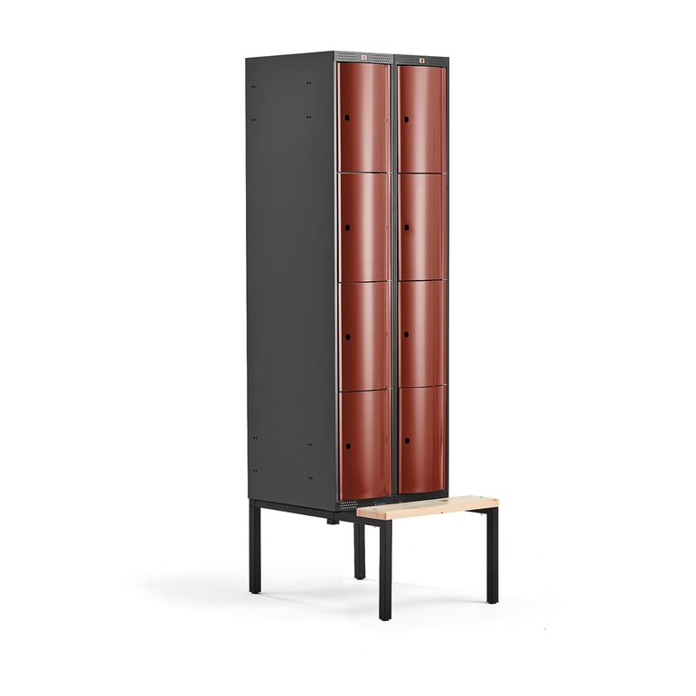 Levně Boxová šatní skříň CURVE, 2 sekce, 8 boxů, 2120x600x550 mm, lavice, červené dveře