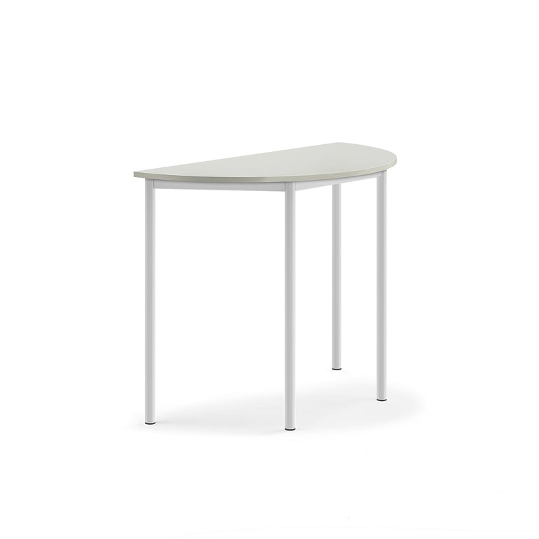 Levně Stůl SONITUS, půlkruh, 1200x600x900 mm, bílé nohy, HPL deska tlumící hluk, šedá