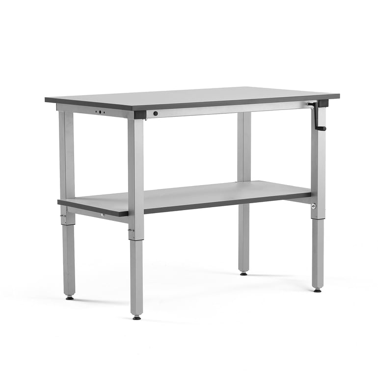 Levně Výškově nastavitelný pracovní stůl MOTION, manuální, 1200x600 mm, se spodní policí, 150 kg, šedá