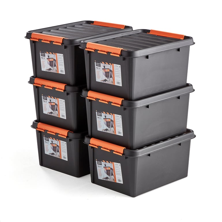 Levně Plastový box NOLAN, s víkem, 32 l, 500x390x260 mm, černý, bal. 6 ks
