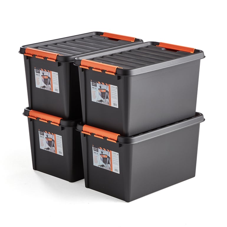 Levně Plastový box NOLAN, s víkem, 50 l, 590x390x345 mm, černý, bal. 4 ks