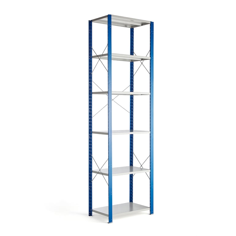 Levně Kovový regál MIX, 3000x865x600 mm, modrý, šedé police