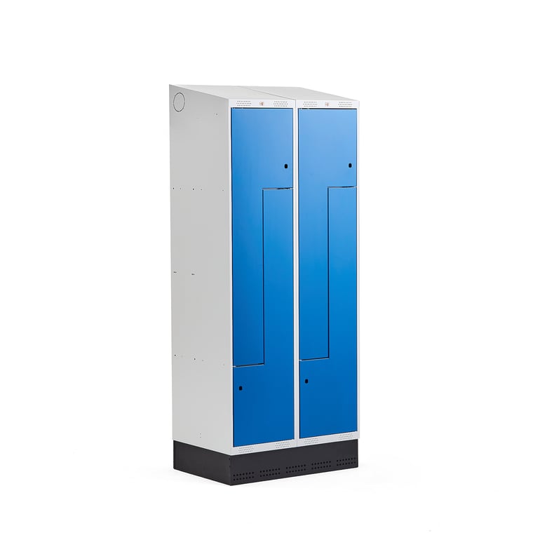 Levně Šatní skříňka CLASSIC Z, šikmá střecha, se soklem, 2 sekce, 4 dveře, 2050x800x550 mm, modré dveře