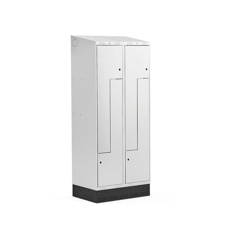 Levně Šatní skříňka CLASSIC Z, šikmá střecha, se soklem, 2 sekce, 4 dveře, 2050x800x550 mm, šedé dveře